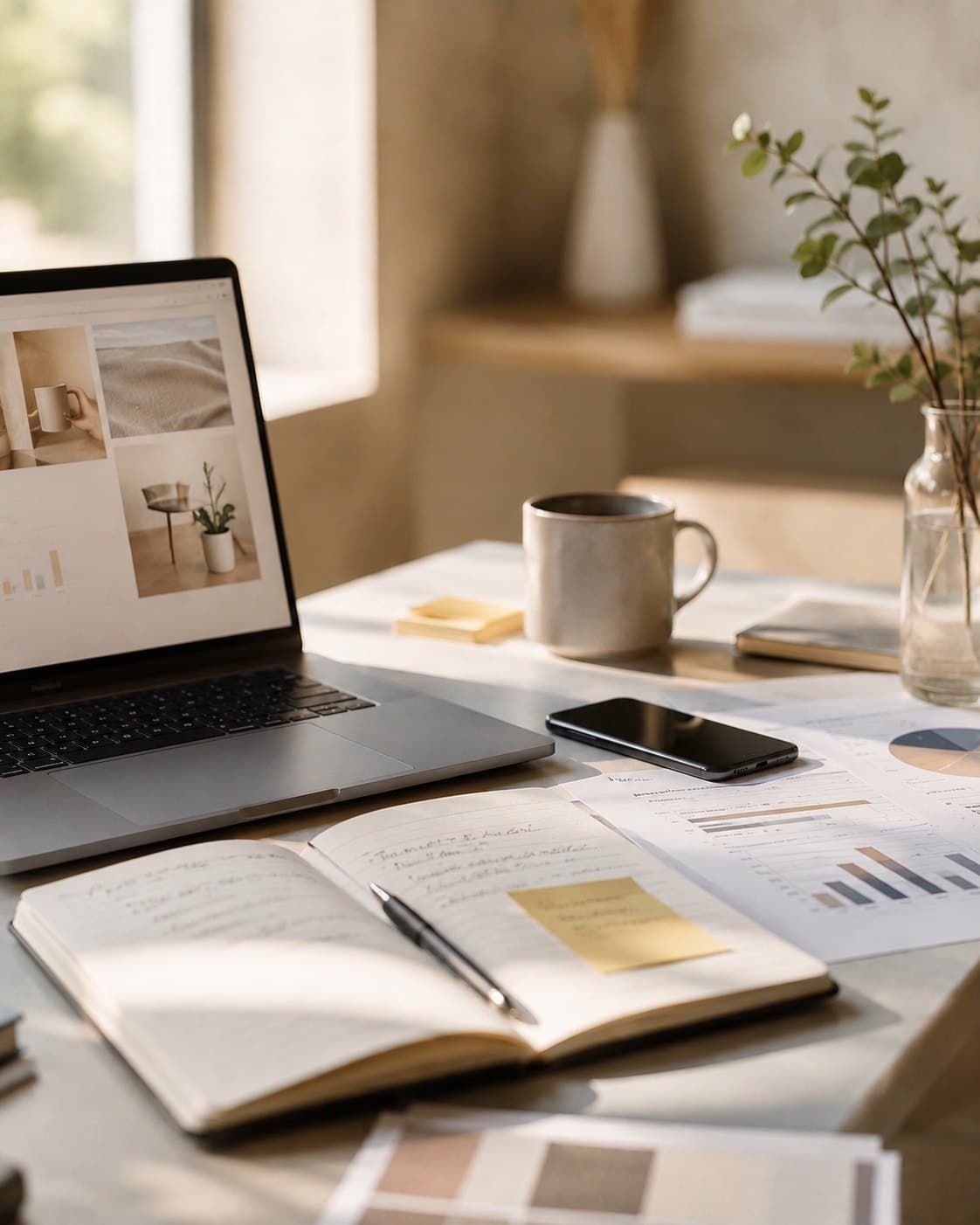 Minimal digital marketing workspace with laptop, notebook, reports and mobile device.
