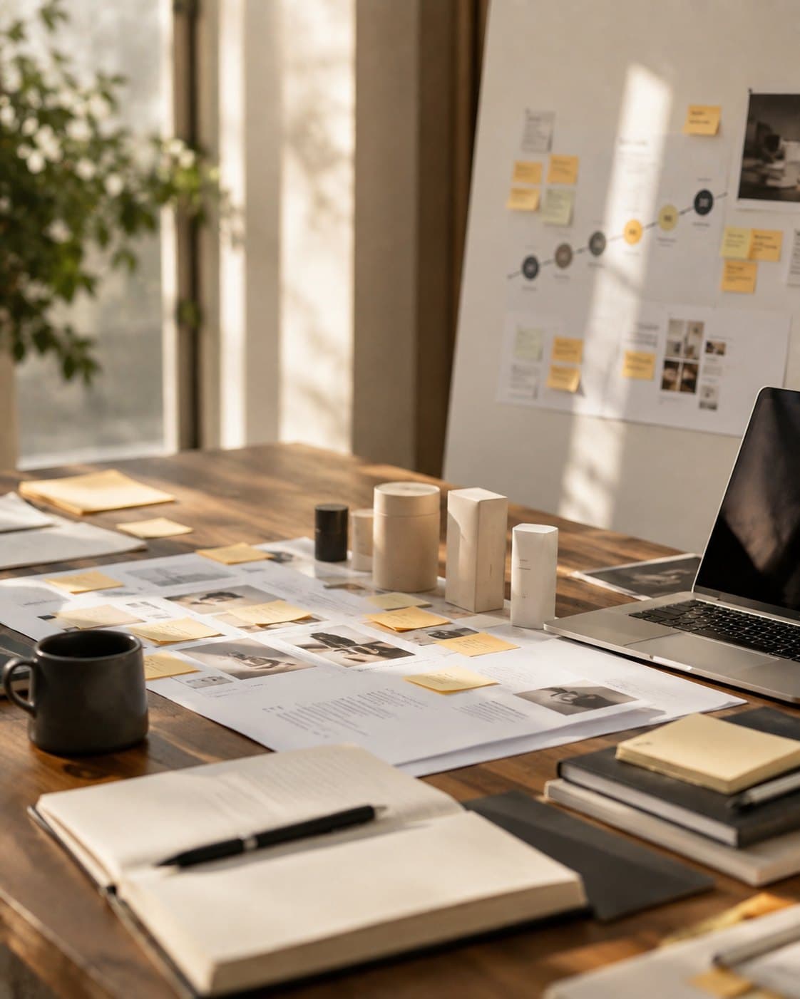 Warm workspace with launch planning materials, mockups and notes arranged on a table.