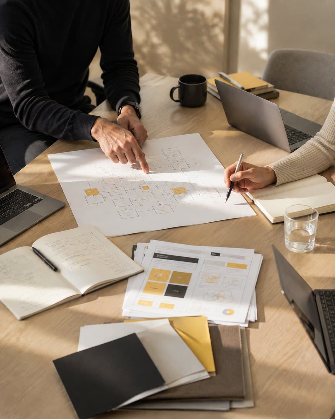 Collaborative workspace with process mapping, laptops and team planning materials.