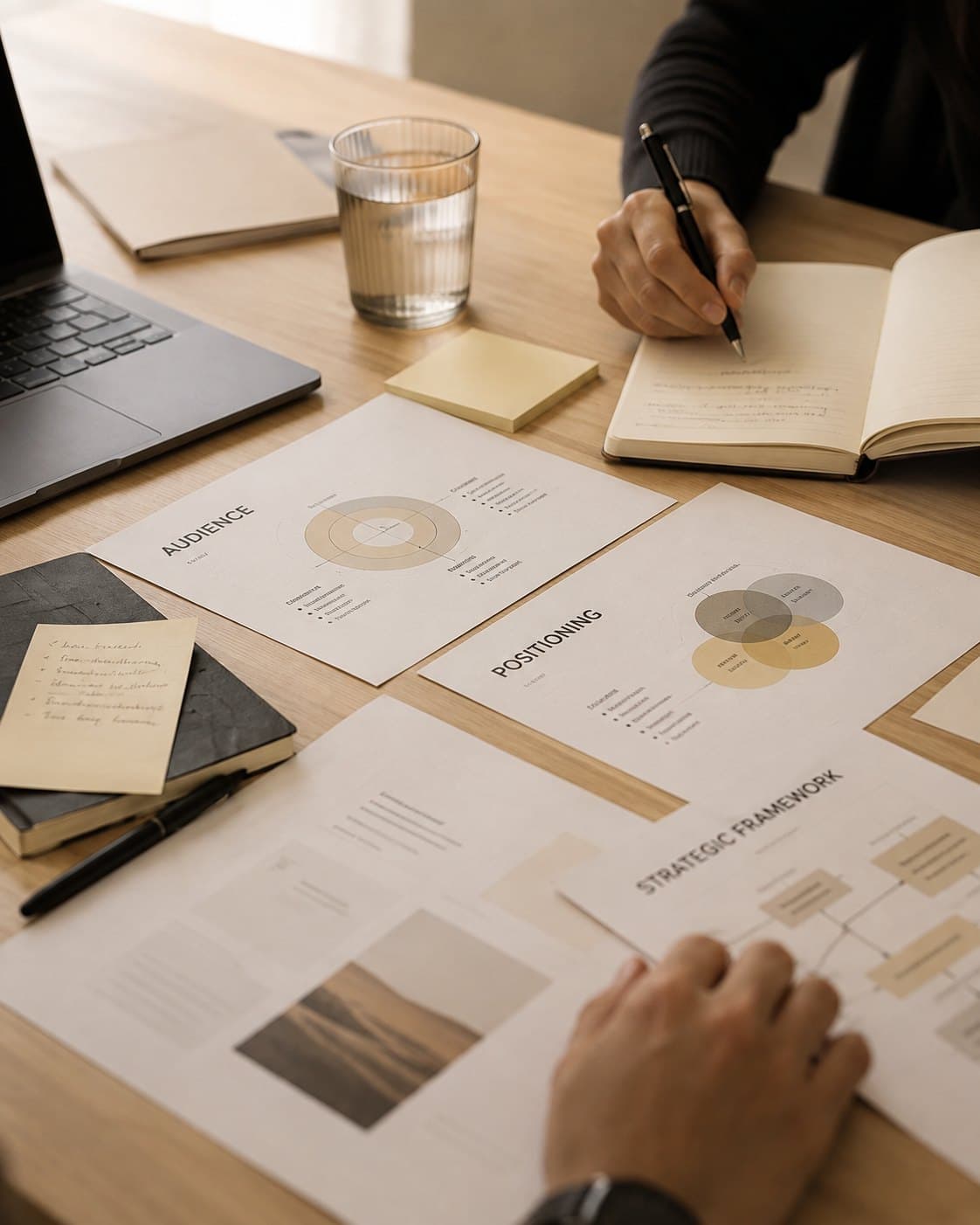 Editorial photo of strategic planning materials, audience and positioning worksheets on a desk.